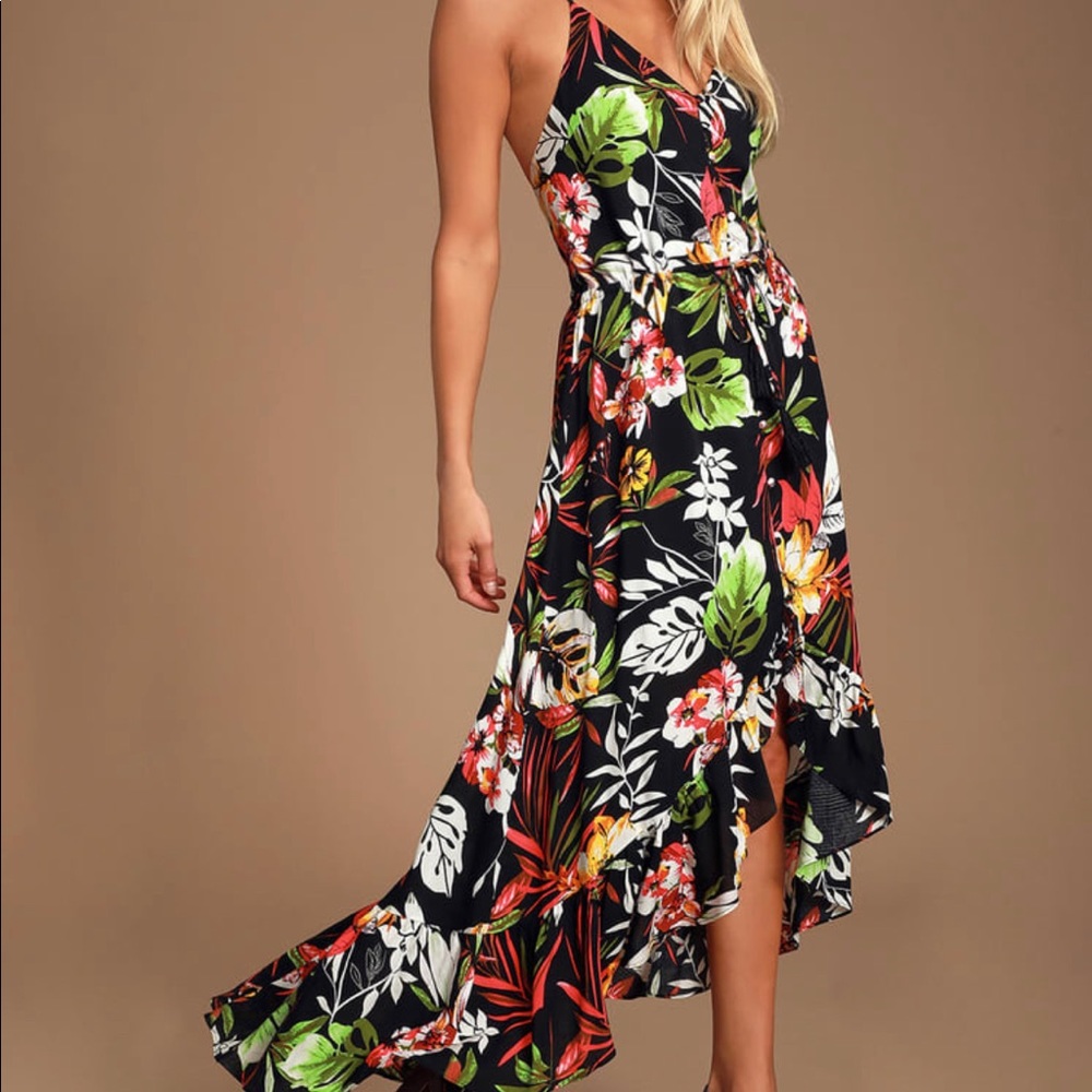 Black Pura Vida Tropical Print High Low Dress